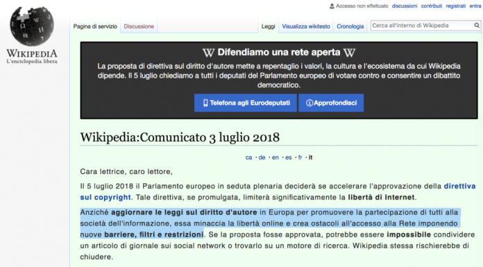 Direttiva sul copyright, Wikipedia si ‘oscura’ in segno di protesta
