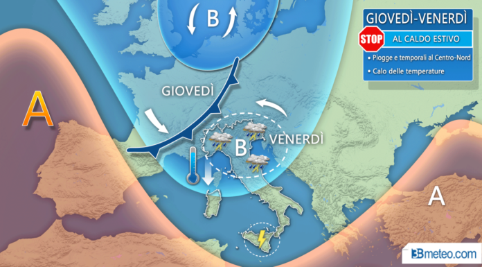 Meteo, temporali e vortice ciclonico, temperature in calo
