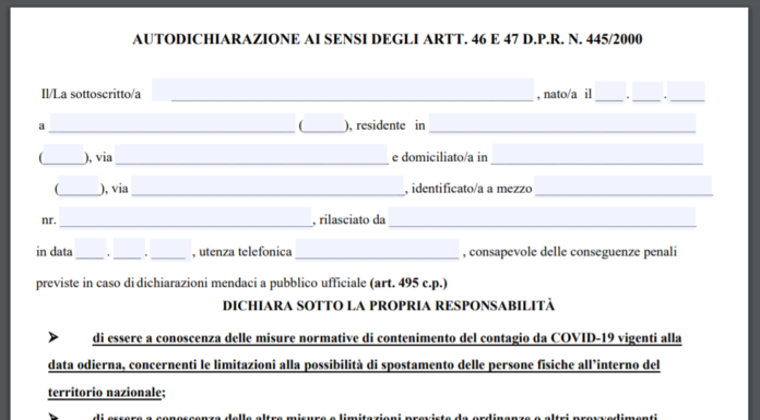 Autocertificazione. Ecco il nuovo modello da stampare per gli spostamenti
