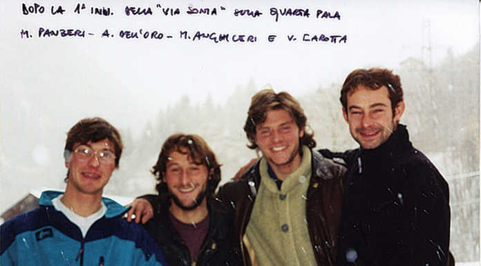 “Dietro una stagione di cinque invernali”, dagli archivi Gamma uno scritto del 1998 di Marco Anghileri Manuele Panzeri, Andry Dell'Oro, Marco Anghileri, Valerio Carotta prima invernale della via Sonia (foto archivi Marco Anghileri e mamma Marinella Castelnuovo tratta dal libro La scala dei sogni di Giorgio Spreafico)