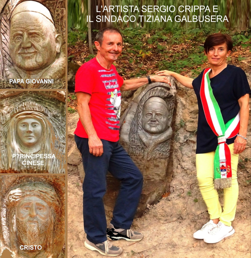 Sergio Crippa con sindaco Tiziana Galbusera e una delle sue opere