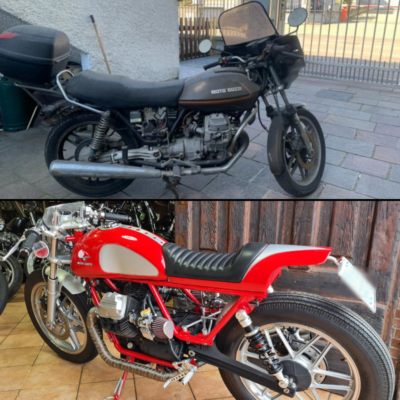 Prima e dopo: sopra la Moto Guzzi V50 originale, sotto dopo l'intervento di Waka