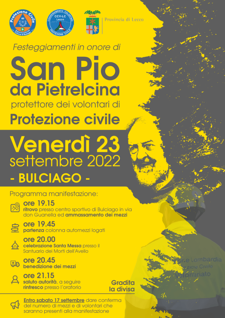 Locandina festa del patrono della protezione Civile San Pio a Bulciago 2022