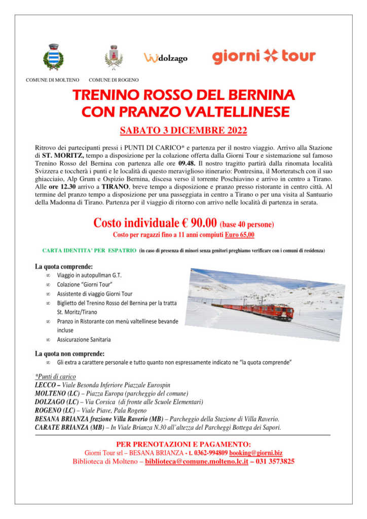 Comune di Molteno, iniziativa Trenino Rosso del Bernina