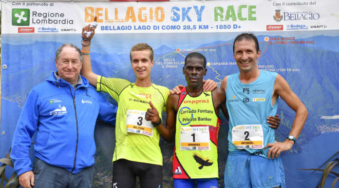 Alla Bellagio Skyrace sigillo di Simukeka. Dietro i lecchesi Del Pero e Antonioli Il podio della sky con Simukeka, Del Pero e Antonioli (photo Davide Ferrari)