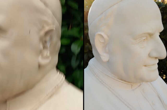 La statua di Papa Giovanni XXIII a Foppenico prima e dopo l'intervento dell'artista Antonio Guerra