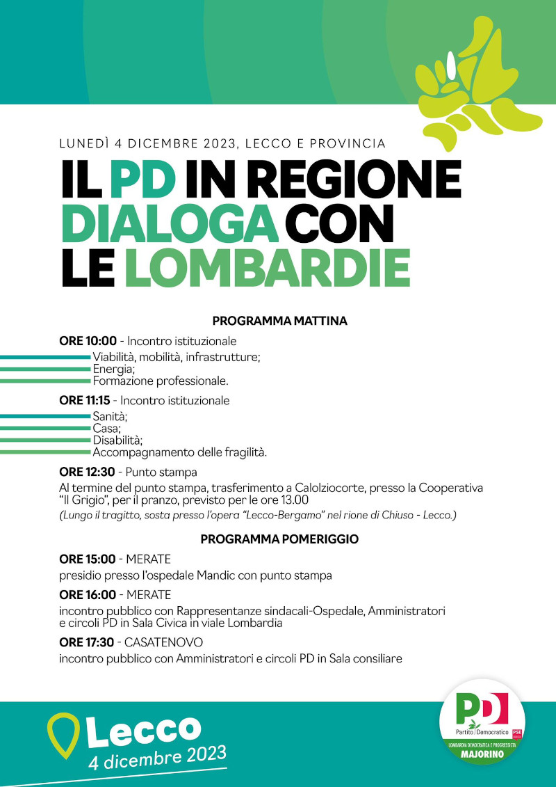 Programma incontro Lecco pd tour regione Lombardia