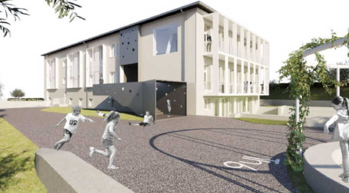 Abbadia. Due scuole in una sola struttura: progetto esecutivo alle battute finali Rendering scuola Abbadia medie elementari accorpate
