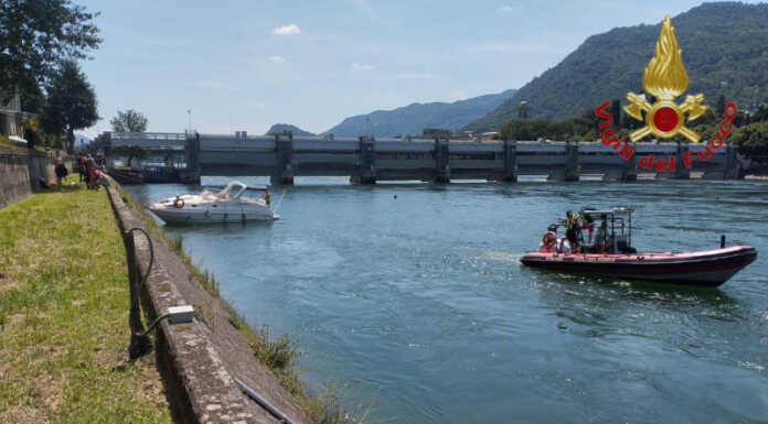Imbarcazione in avaria alla diga di Olginate, passeggeri in salvo Imbarcazione avaria Diga Olginate Vigili del Fuoco Drago