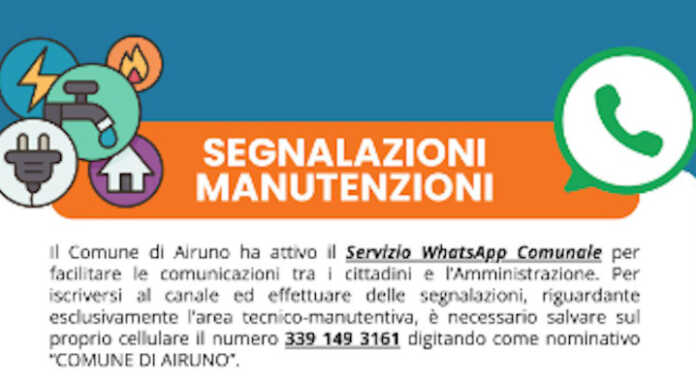 Airuno, attivato il canale WhatsApp per segnalazioni dell’area tecnica manutentiva