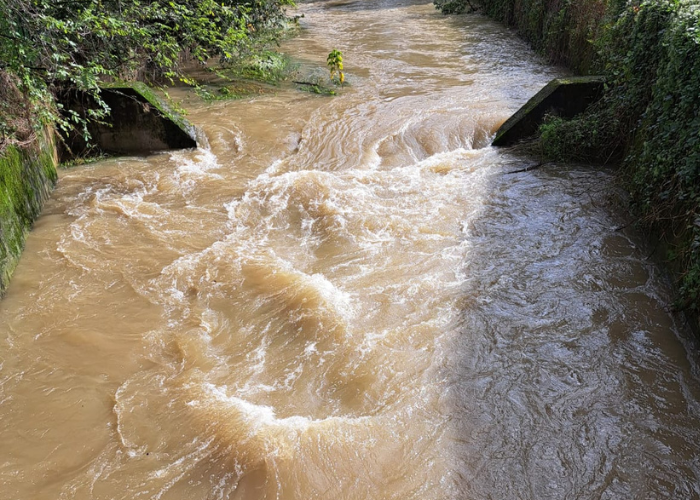 Foto della piena del Bevera che sovrasta la vasca di raccolta sedimenti, realizzata dal Genio civile circa 20 anni fa, a monte del supermercato di Molteno