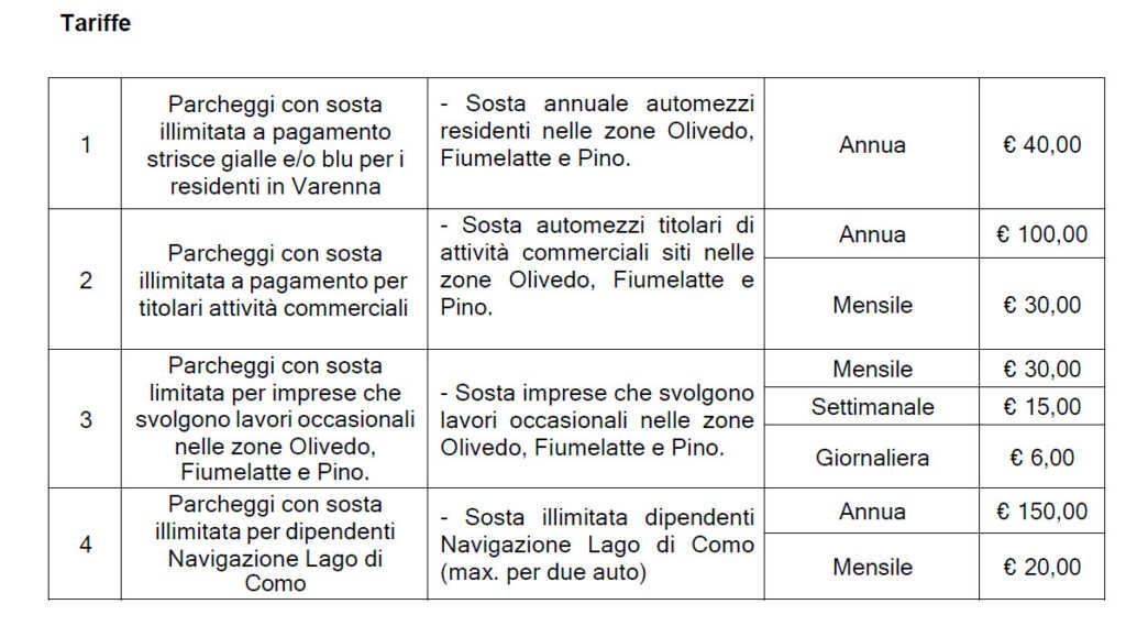 tariffe parcheggi varenna