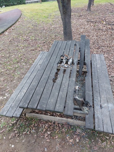 Vandalismo tavolino bruciato Lecco parco Martiri Nassirya