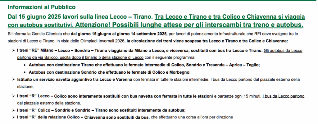 Avviso Trenord Lavori Lecco - Tirano Colico- Chiavenna