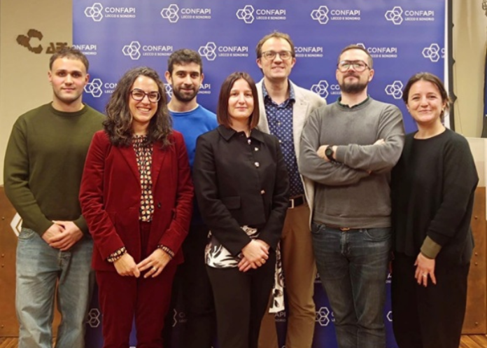 Il Consiglio del Gruppo Giovani Imprenditori. Da sinistra Ludovico Piazzoni, Alice Dell'Oca, Samuele Stasi, Federica Fagioli, Tomas Dell'Oca, Luca Brambilla, Micol Gabbioni