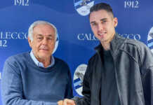 Calcio Lecco. Sean Parker vestirà la maglia bluceleste fino al 2028 Aniello Aliberti con Sean Parker, photo credits Calcio Lecco 1912