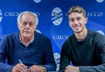 Calcio Lecco. Damiano Basili è primo colpo del mercato bluceleste Presidente Aliberti e Damiano Basili, credits to Calcio Lecco 1912