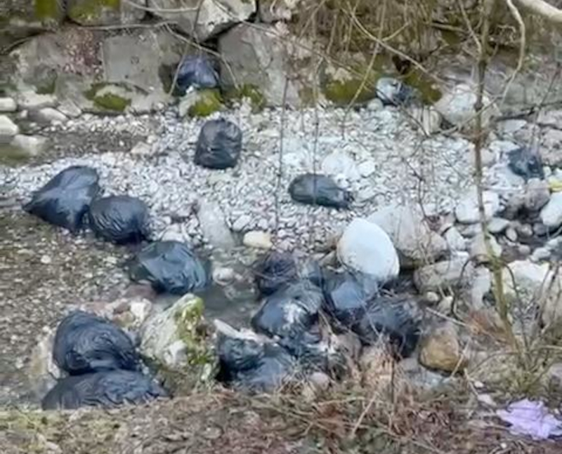 Sacchi neri pattumiera rifiuti torrente pioverna in valsassina